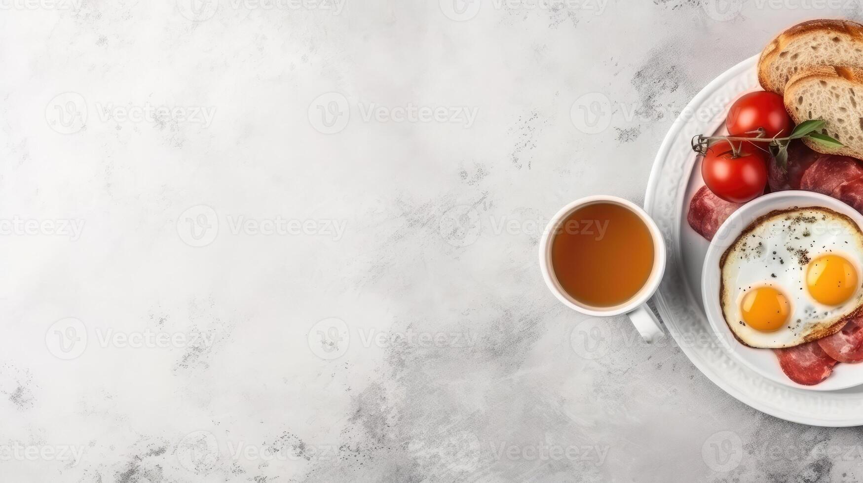 Top view of tasty english breakfast on the table with copy space. photo