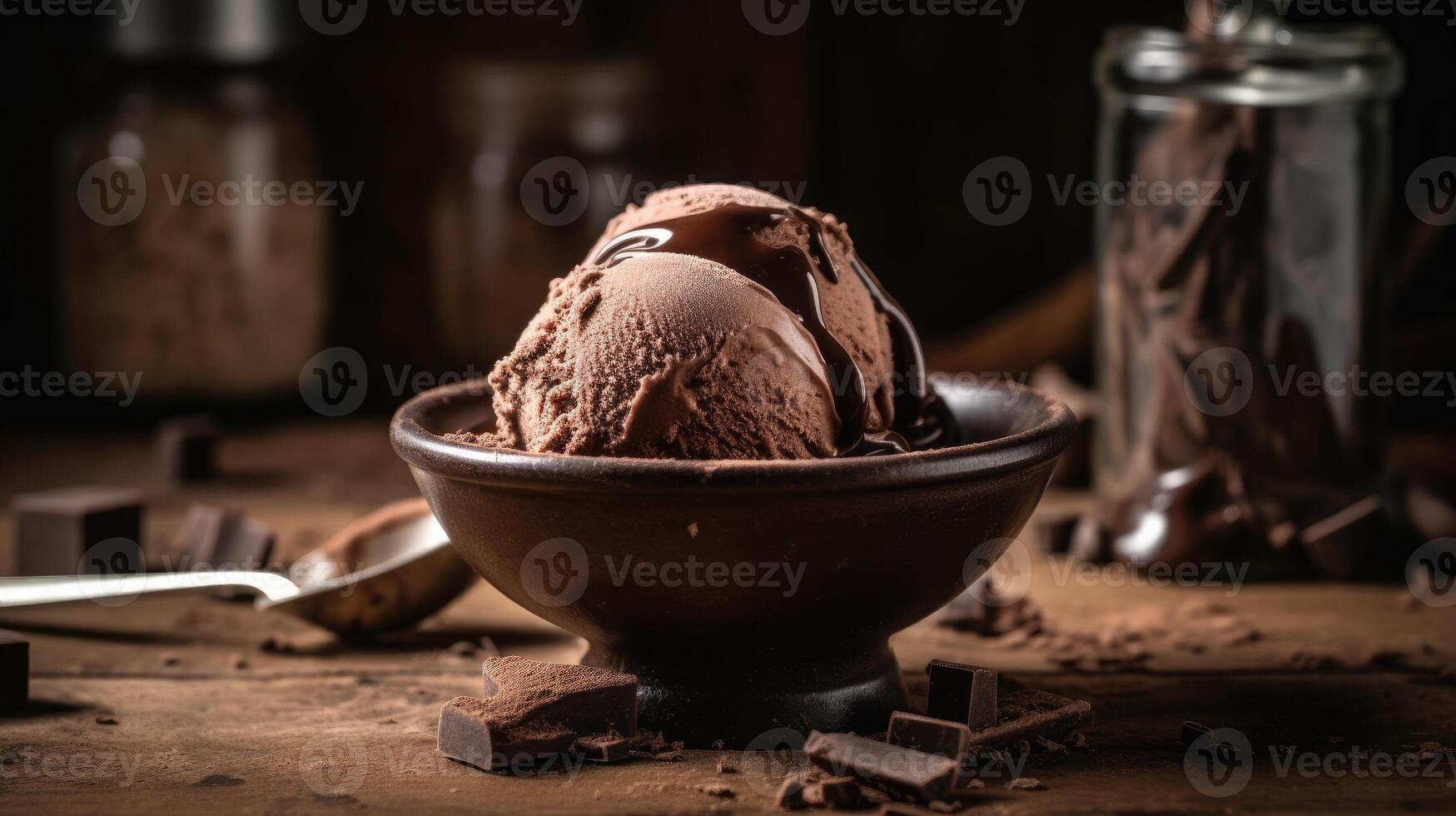 Chocolate ice cream ball on wooden table. photo