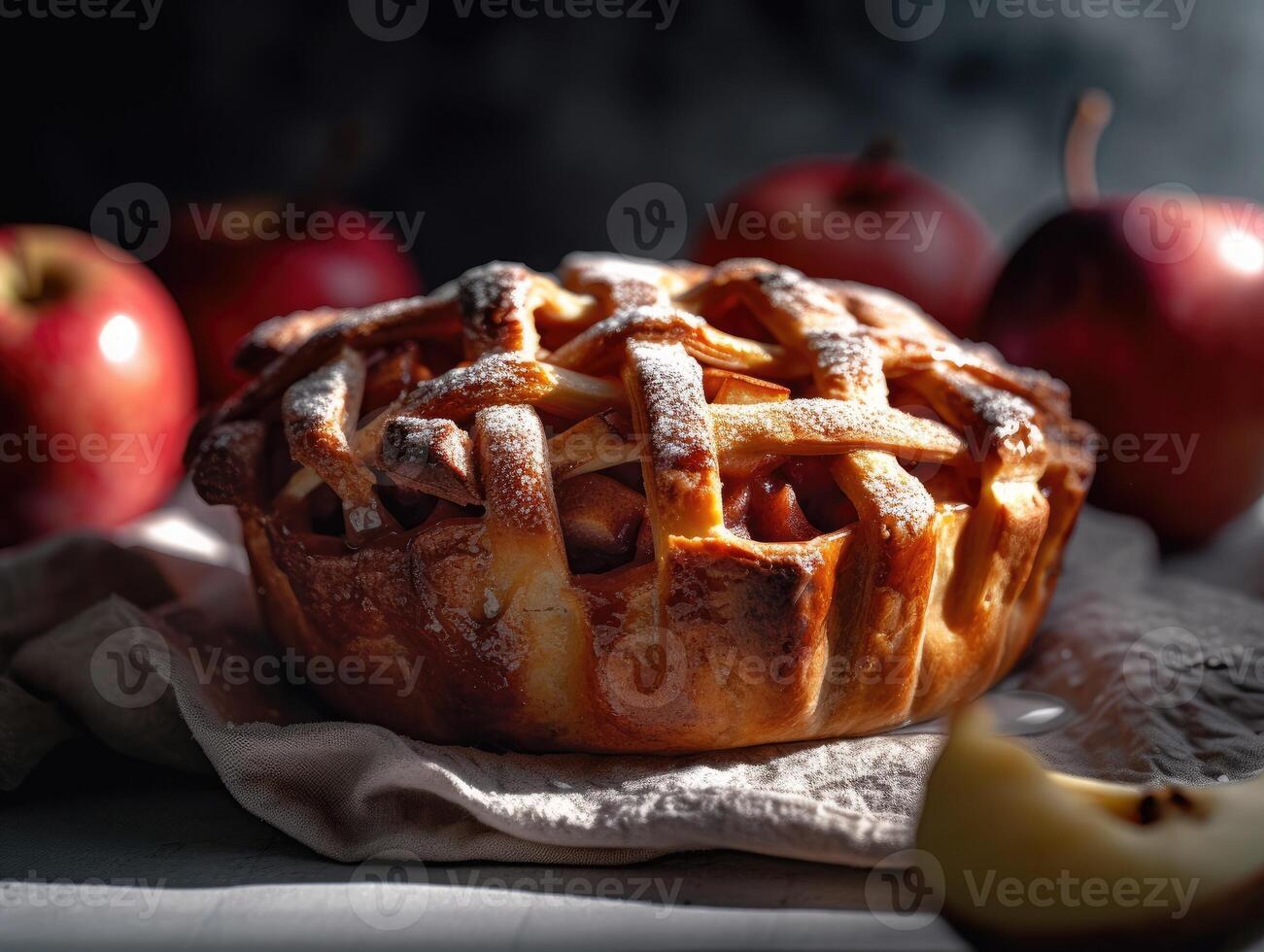 hecho en casa manzana tarta en de madera antecedentes. generativo ai foto