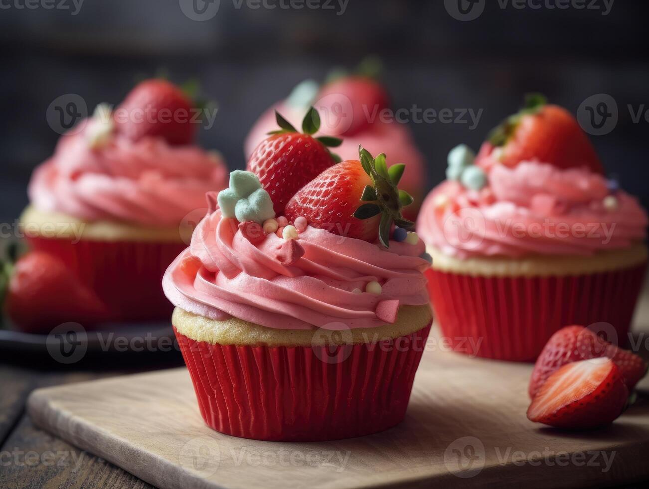 Homemade pink sweet cupcake with strawberries. photo
