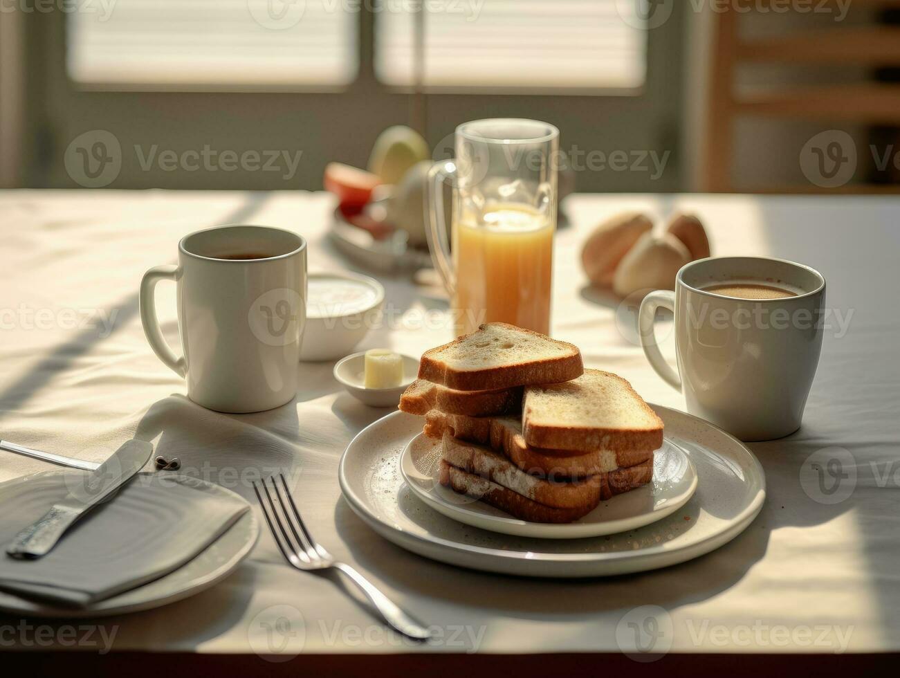 Delicious toast and coffee on the white table near the windows. Generative AI photo