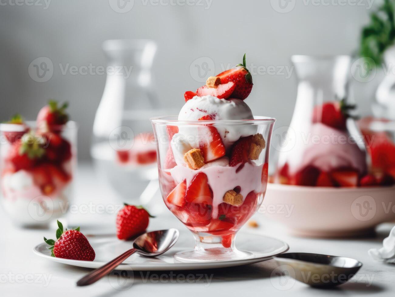 Ice cream sundae with strawberry sauce on white table. photo