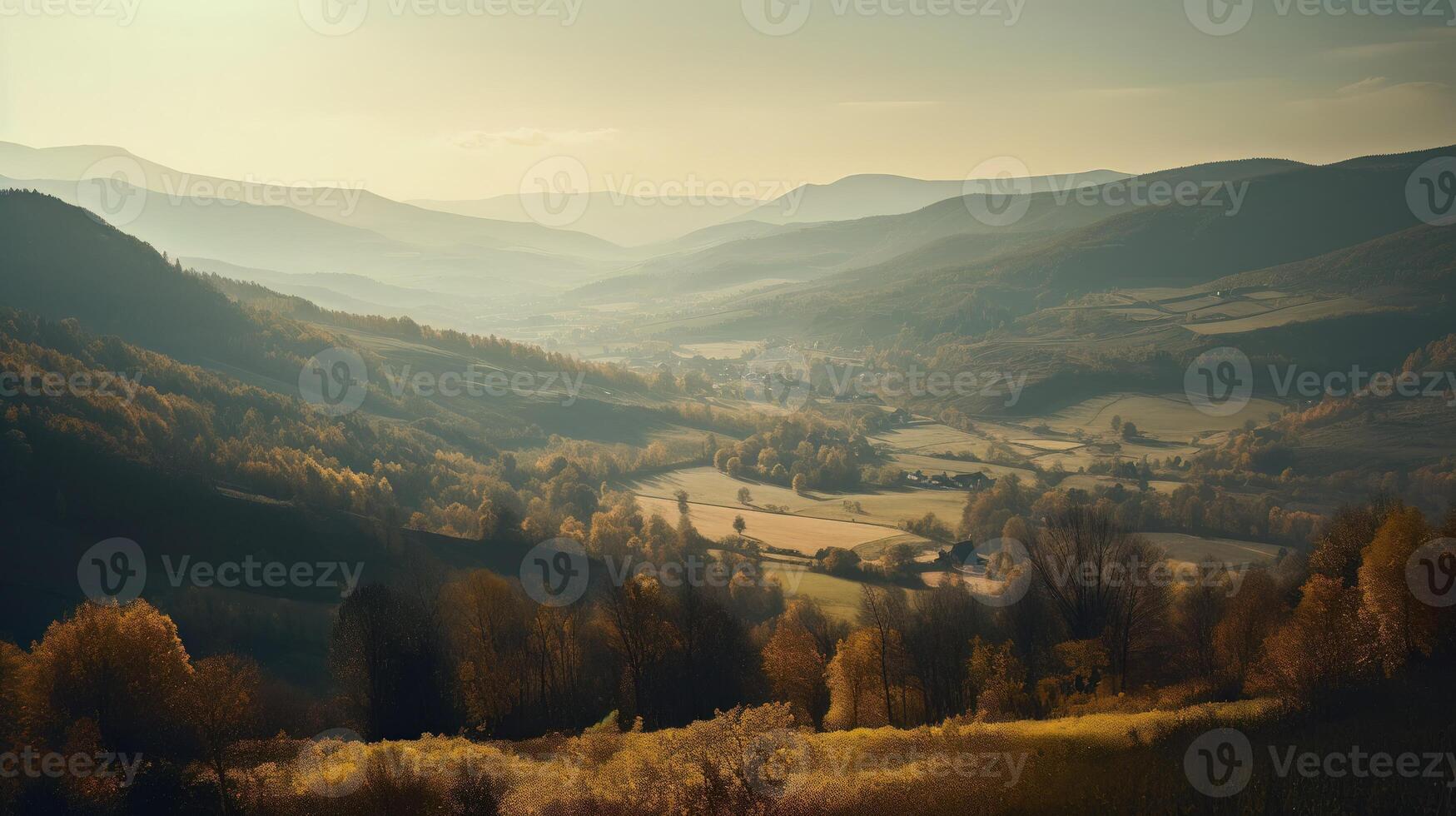 Image of mountain valley with mountains and a forest. . photo