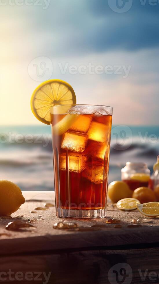 Homemade Iced tea with lemon slices, summer drinks. photo
