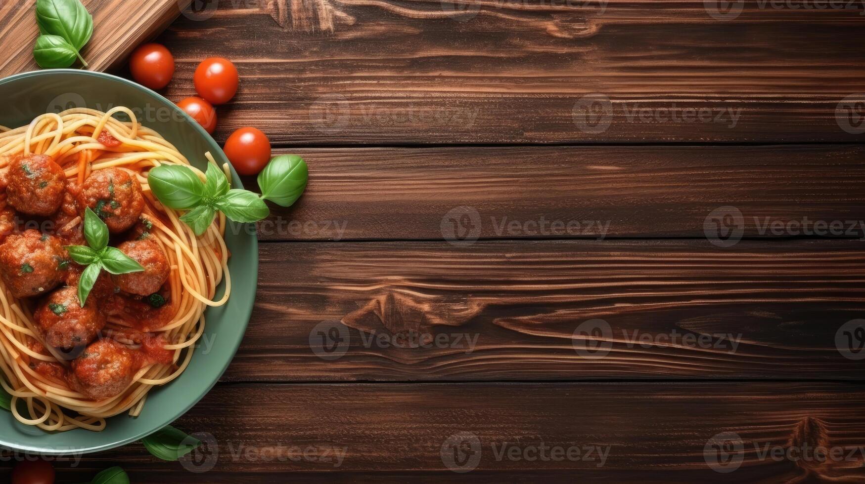 Top view of beautiful delicious tomato spaghetti with copy space, famous Italian dish. Generative AI photo