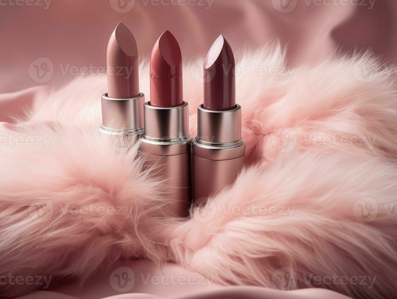 glamorous pink lipstick on fur background. Generative AI photo