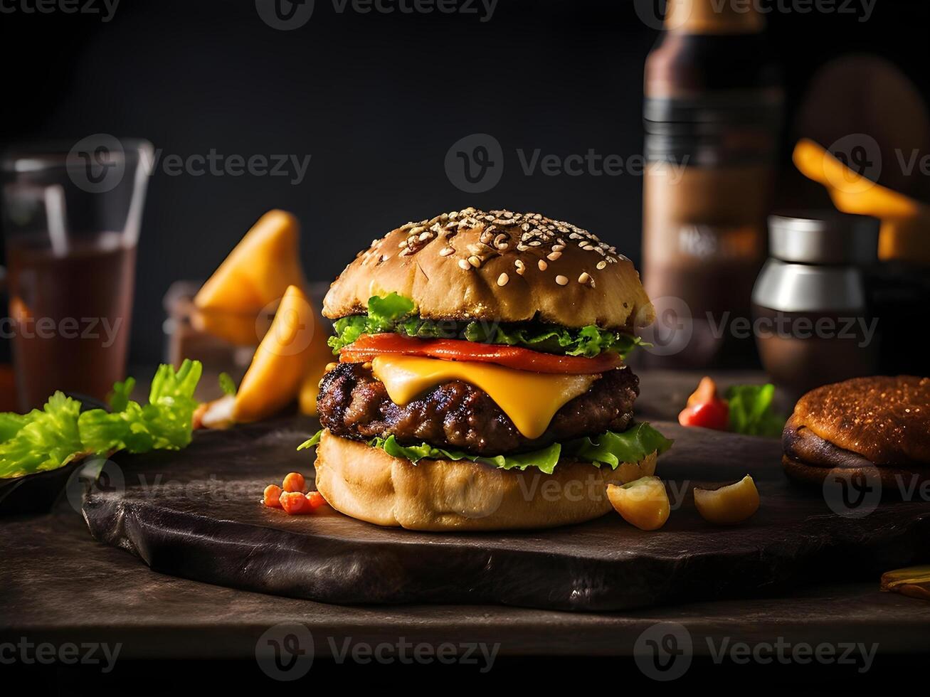 Melted cheese burgers on wooden plate. photo