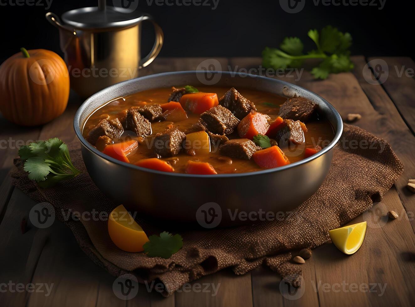 Curried beef stew in flat lay. photo
