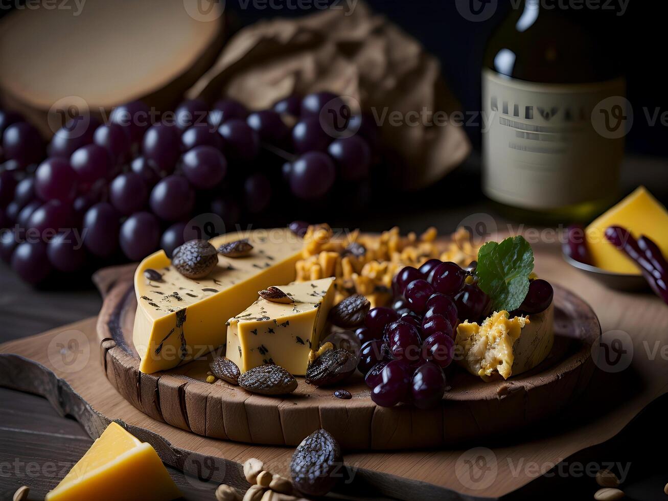 Artisanal cheese platters with grapes and nuts served on a wood board. photo