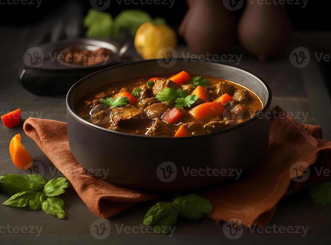 Curried beef stew in flat lay. photo