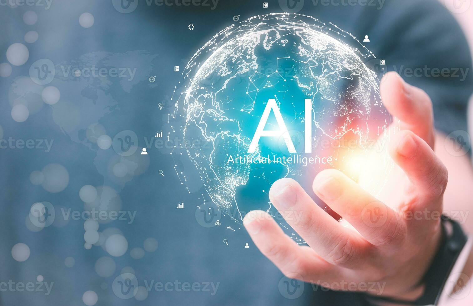 The concept of using digital media, technology, Surfing the world online, males using AI-powered smartphones to command or use social media, remote working concept, working from home via the internet photo