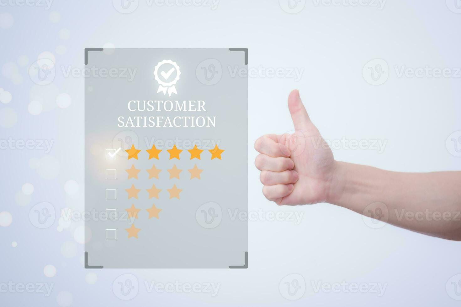 Satisfaction survey and customer service concept, businessman using a smartphone to answer the questionnaire and give a satisfaction rating, offering a 5-star satisfaction rating photo