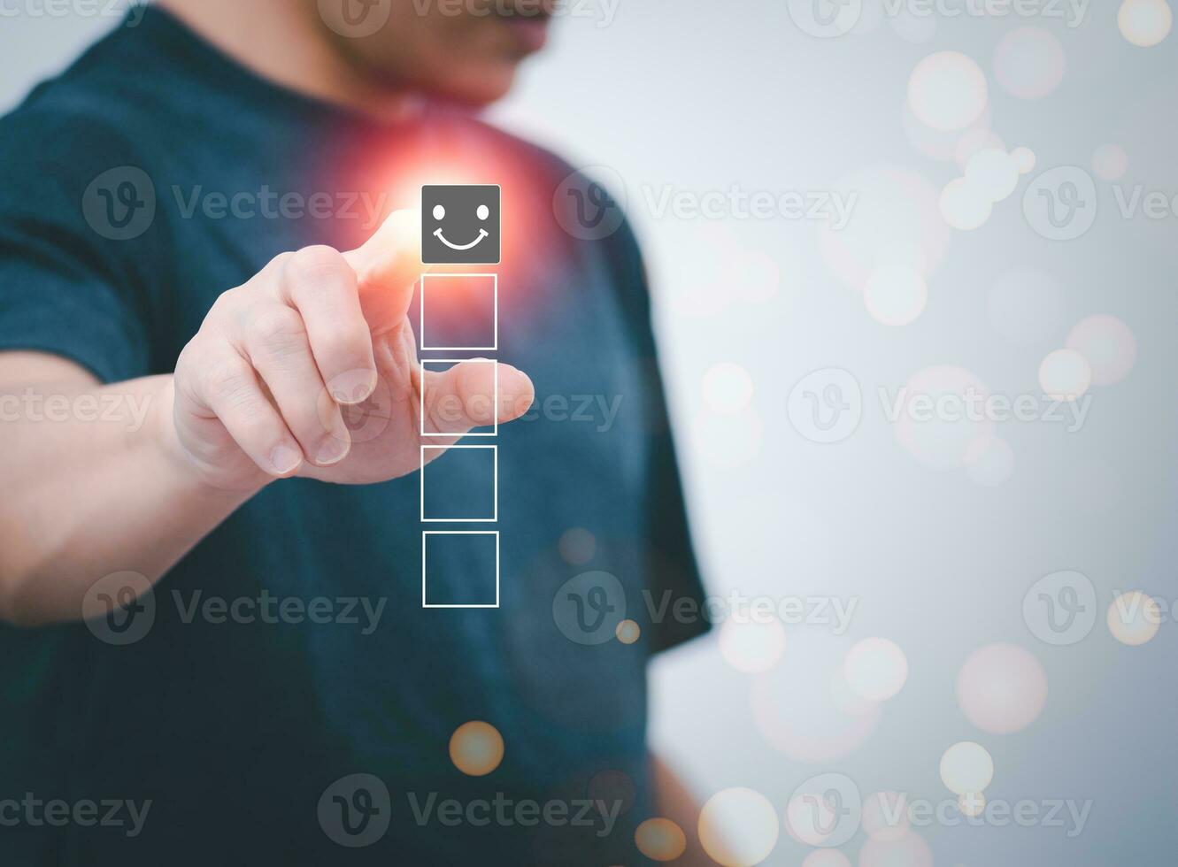 Satisfaction survey and customer service concept, businessman using a smartphone to answer the questionnaire and give a satisfaction rating, offering a 5-star satisfaction rating photo