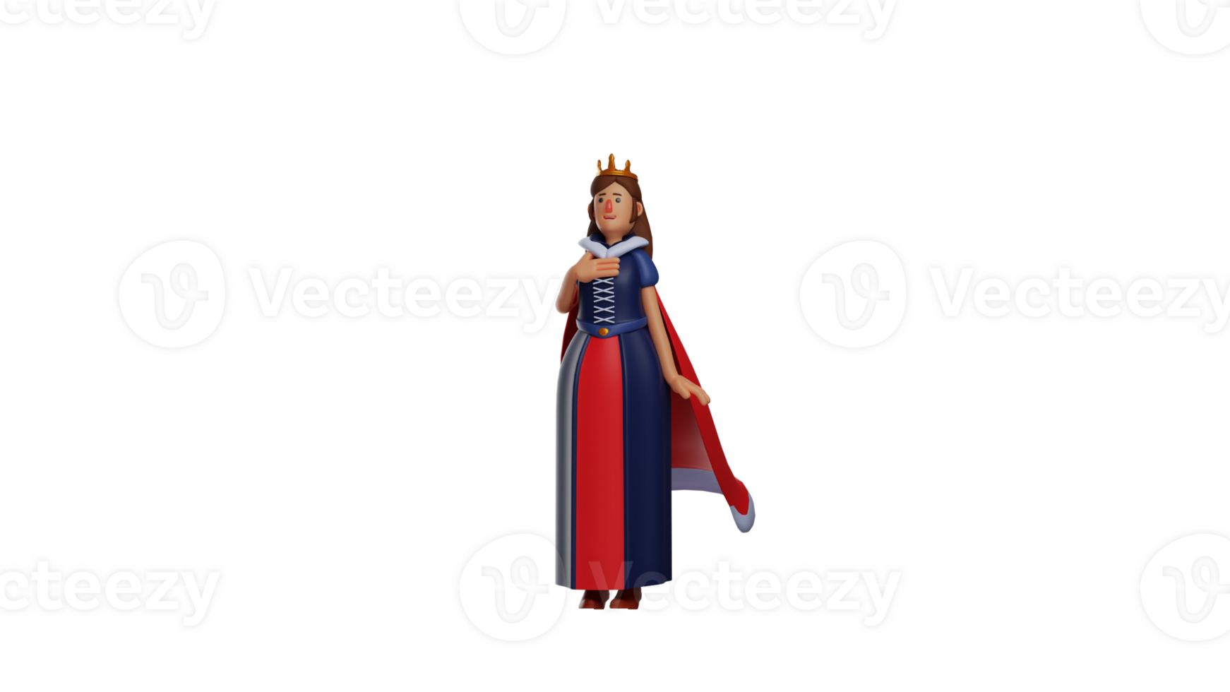 3D illustration. Surprised Queen 3D cartoon character. The beautiful queen stood up and held her chest with one hand. Queen showed her surprised expression. 3D cartoon character png