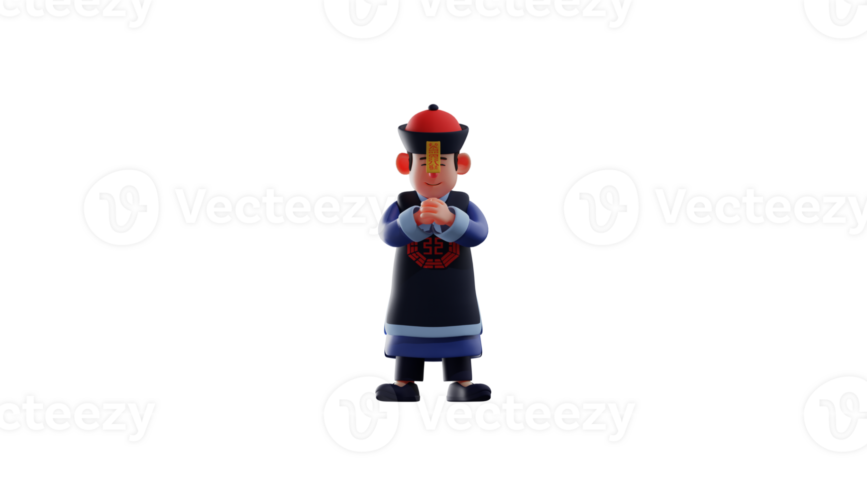 3D illustration. Cute vampire 3D cartoon character. The vampire clasped his hands together in front. A vampire in a grateful pose and showing a happy smile. 3D cartoon character png