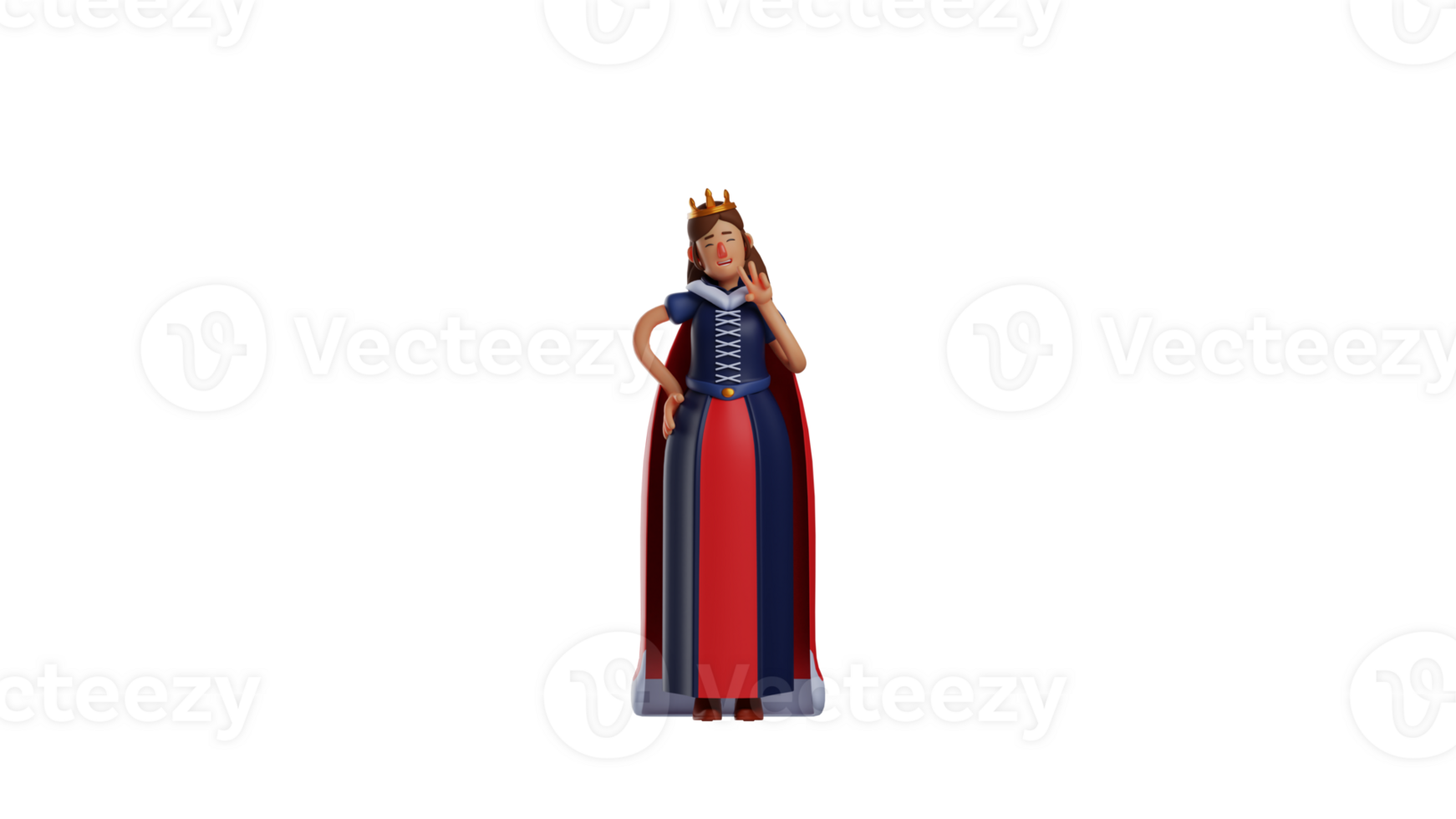 3D illustration. Adorable Princess 3D cartoon character. Beautiful royal princess is posing with her two fingers. Beautiful princess showing peace pose and smiling sweetly. 3D cartoon character png