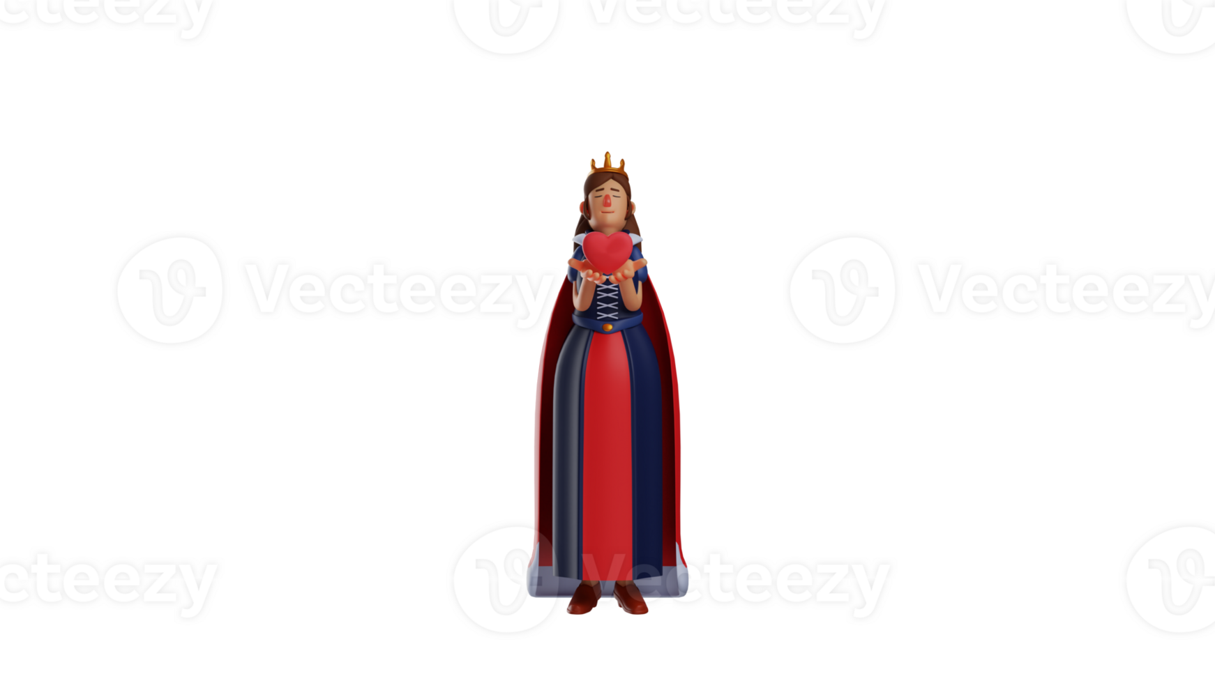 3D illustration. Cute Princess 3D cartoon character. Young queen shows the symbol of the heart she carries in her hands. The queen smiled beautifully while closing her eyes. 3D cartoon character png