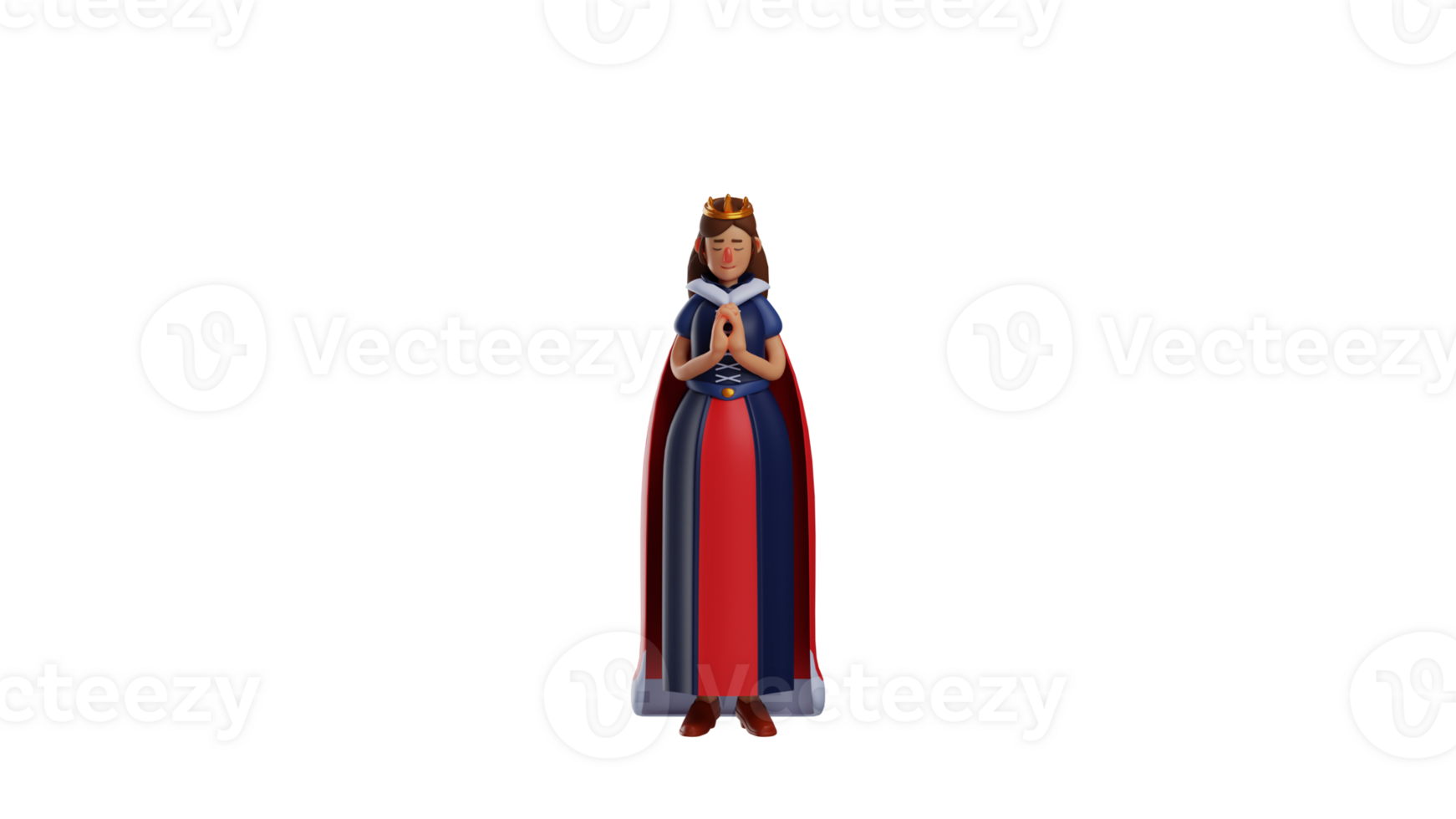 3D illustration. Calm Princess 3D cartoon character. Kind-hearted princess clasped her hands in front of her chest. Royal princess lowered her head and showed a sad expression. 3D cartoon character png