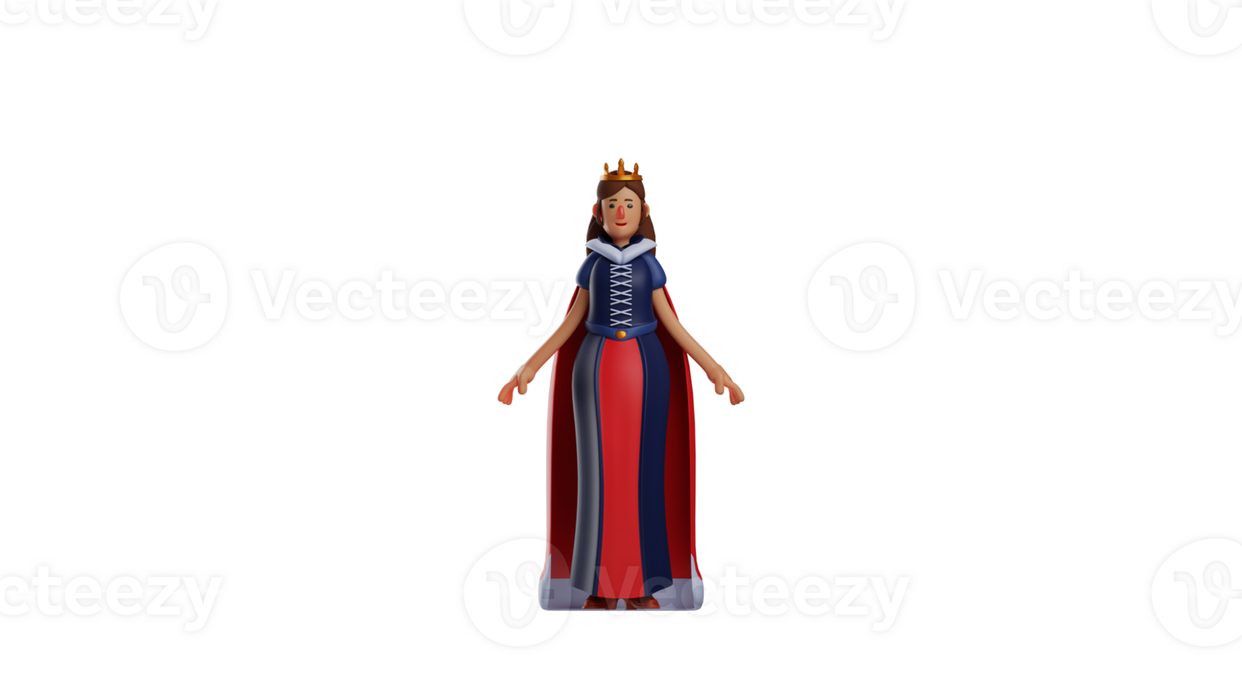 3D illustration. Charming Queen 3D cartoon character. The Queen stood facing the front and displayed her extraordinary beauty. The royal queen smiled sweetly. 3D cartoon character png