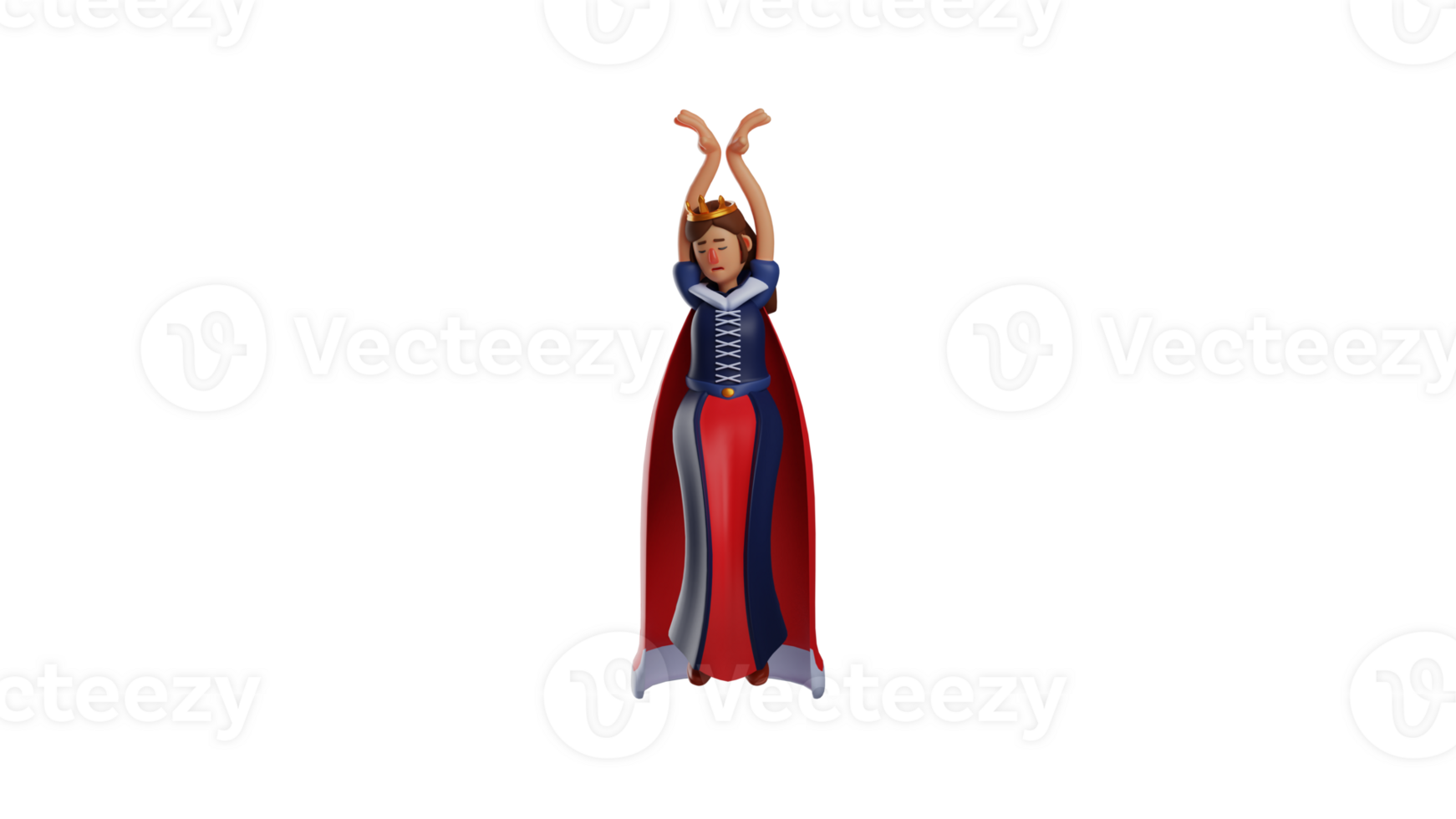 3D illustration. Tired Princess 3D cartoon character. The royal princess raised her hands up. The exhausted princess couldn't hide her exhausted expression. 3D cartoon character png