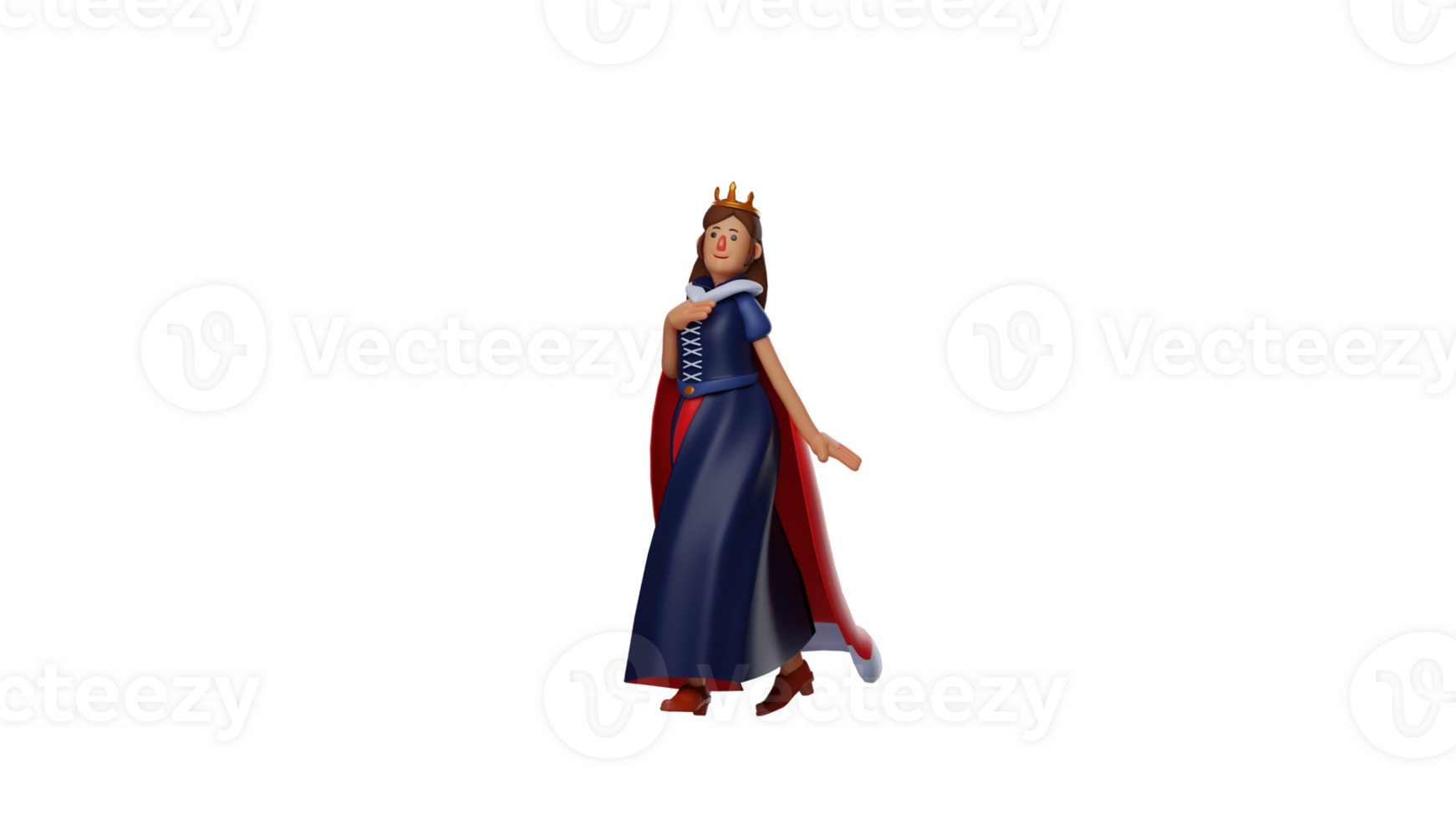 3D illustration. Beautiful Royal Princess 3D cartoon character. Royal princess step pose. Princess looks elegant. The royal princess showed a sweet smile and an aura of beauty. 3D cartoon character png