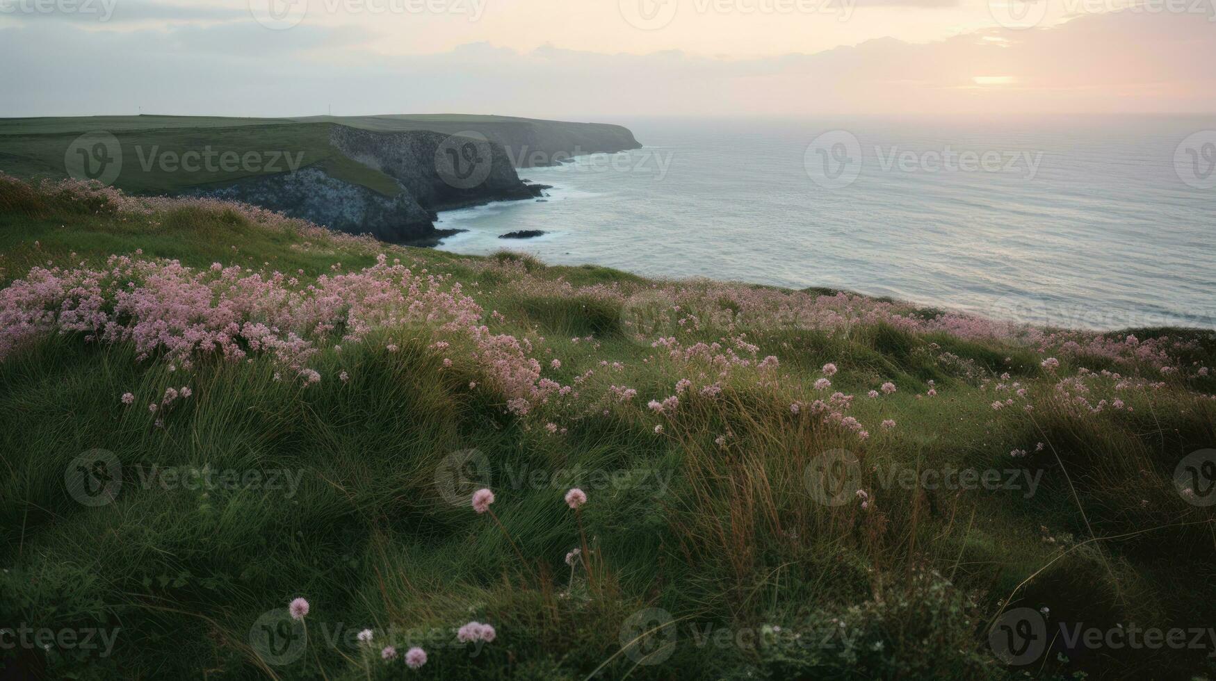 Shoreline covered in pink flowers by the sea. Generaitve AI photo