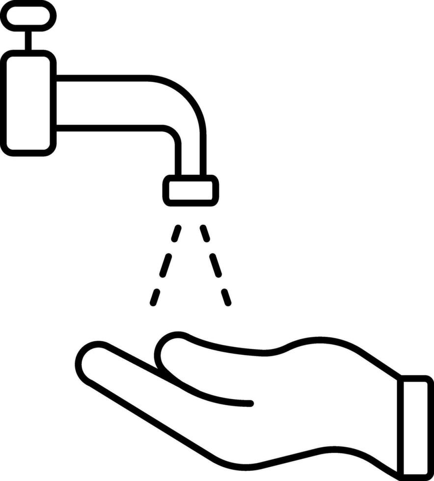 Lavado mano desde agua grifo negro contorno icono. vector