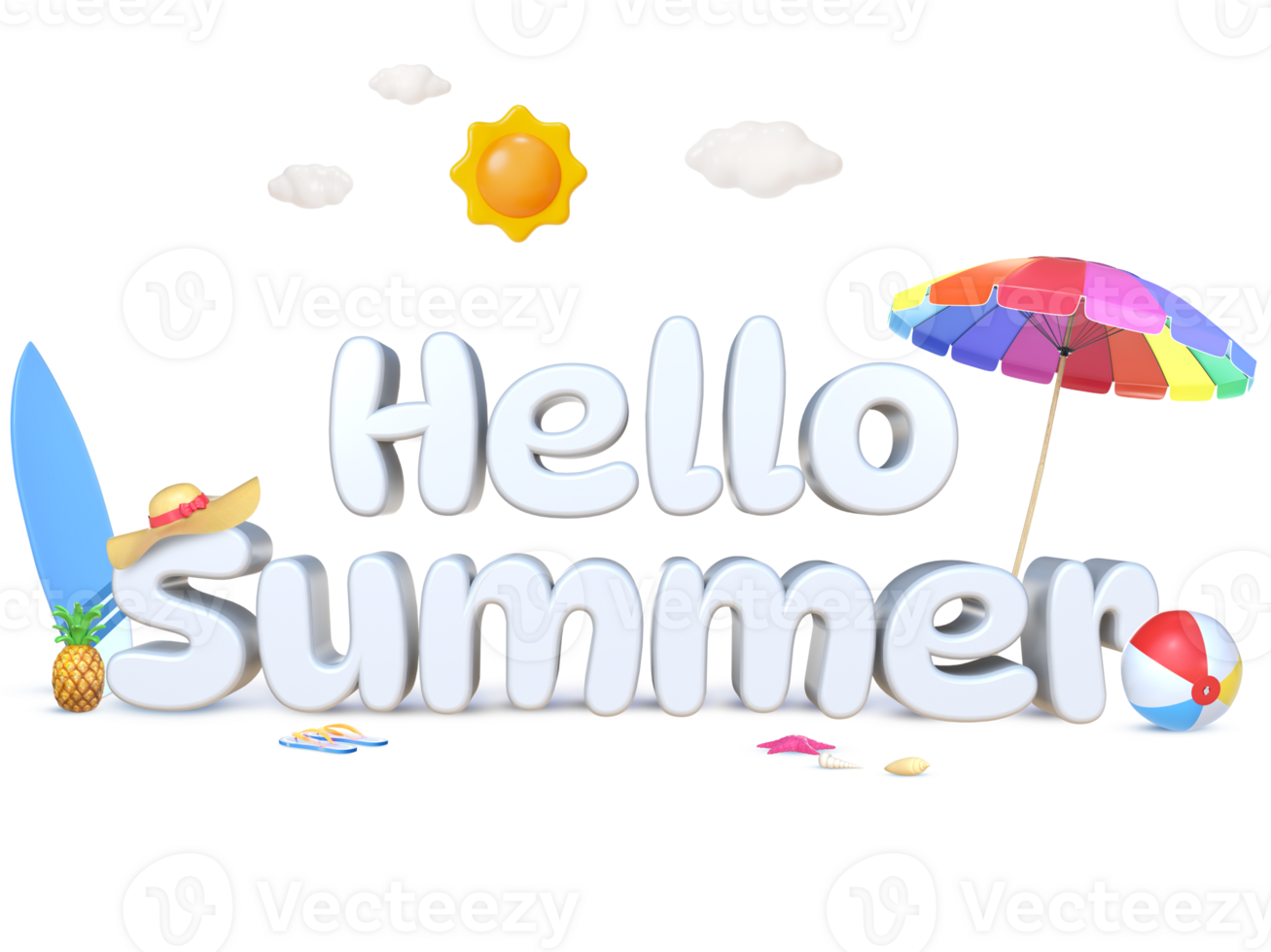 3D Rendering White Hello Summer Word With Summer Objects png