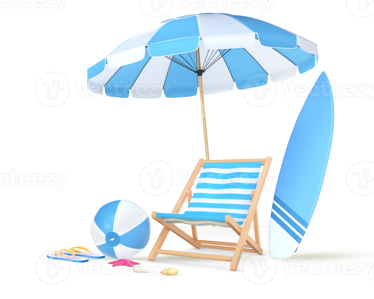 3D Rendering Summer Blue White Beach Umbrella, Beach Chair, Beach Ball And Surfboard png