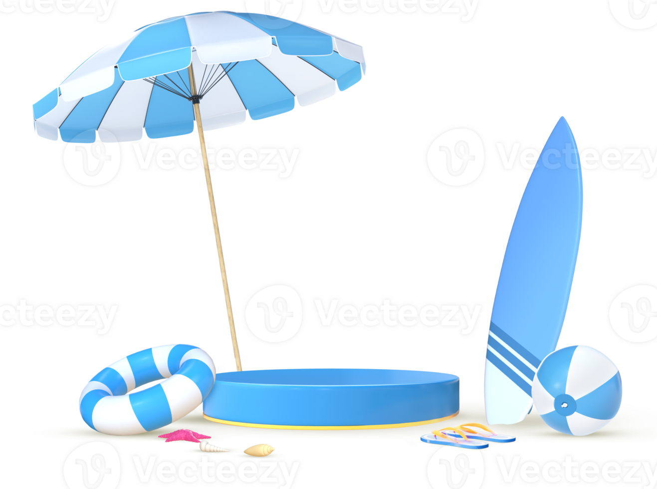 3D Rendering Podium With White And Blue Summer Objects For Product Placement png