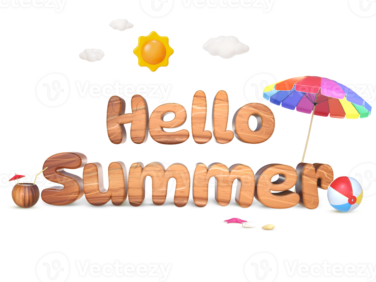 3D Rendering Wooden Hello Summer Word With Summer Objects png
