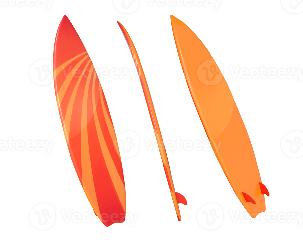 3D Rendering Orange Surfboard Front, Side And Back View png