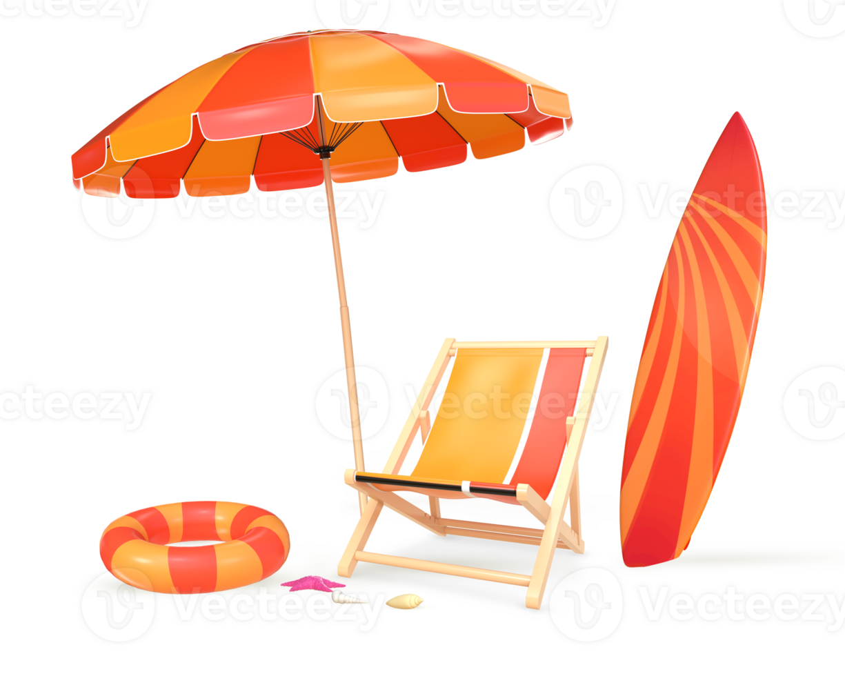3D Rendering Summer Orange Beach Umbrella, Beach Chair, Surfboard And Swimming Ring png
