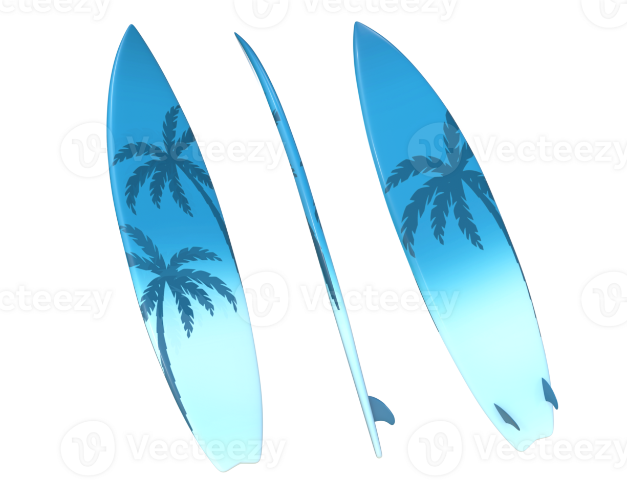 3D Rendering Blue Palm Surfboard Front, Side And Back View png