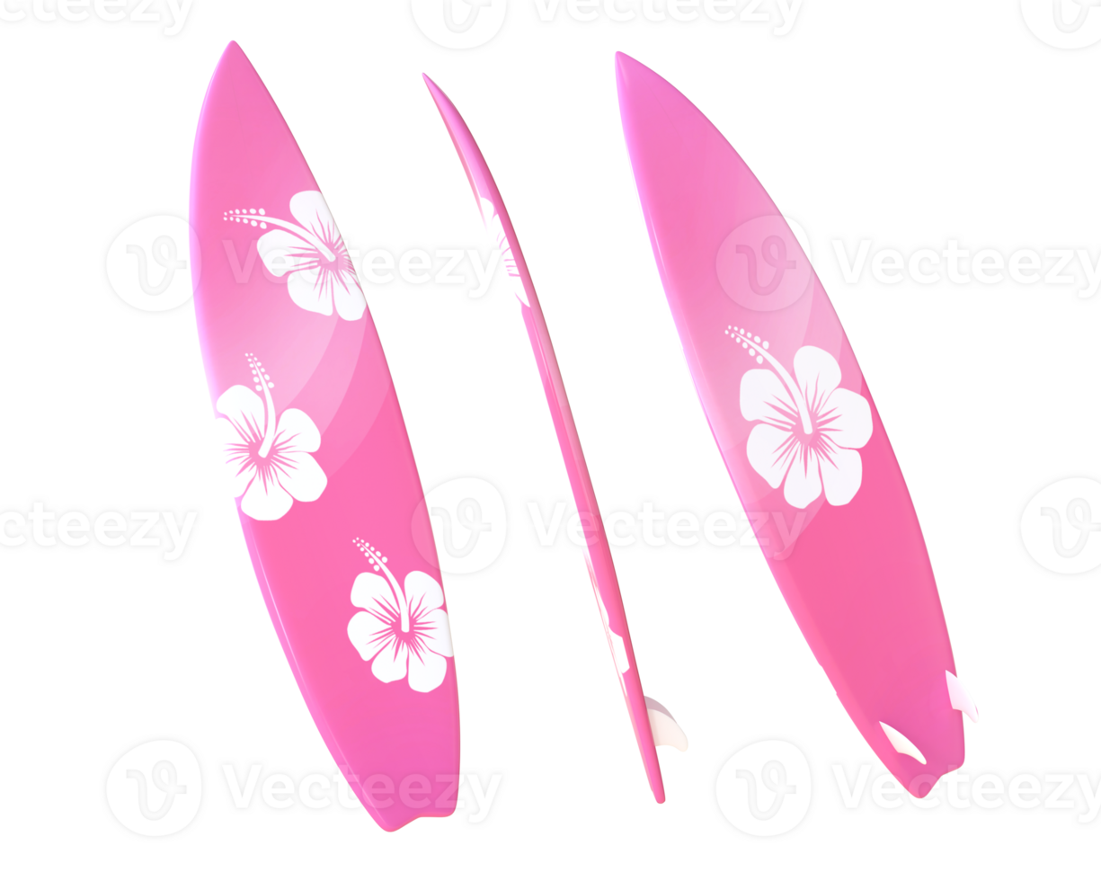 3D Rendering Hibiscus Hawaii Pink Flower Surfboard Front, Side And Back View png