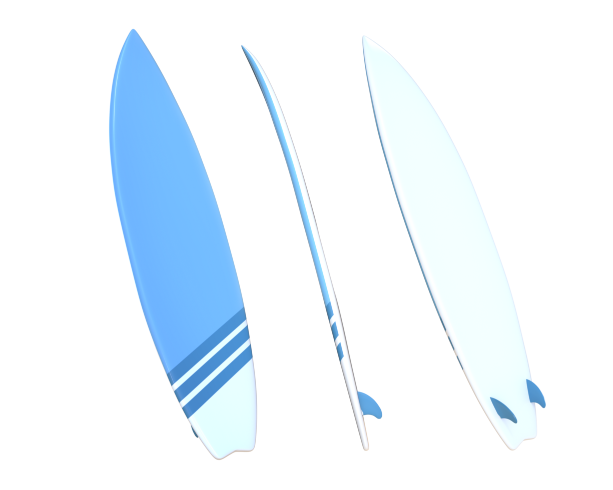 3d le rendu bleu et blanc planche de surf devant, côté et retour vue png