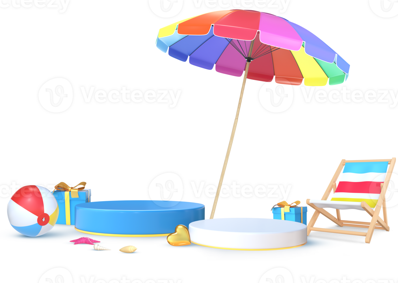 3D Rendering Two Podiums With Colorful Summer Objects For Product Placement png