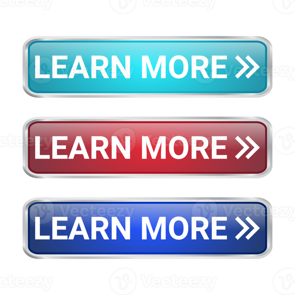 Learn More Button, Realistic 3D Glossy And Shiny Buttons For Label, Website, Mobile Apps, Template Design Transparent Background png