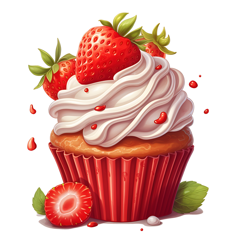 red cupcake with strawberries and cream illustration. isolated object transparent background. png