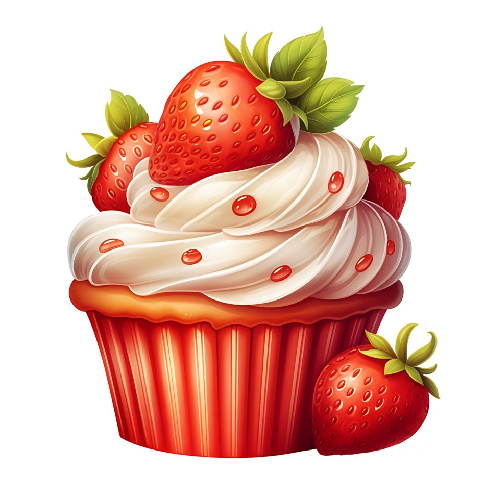 red cupcake with strawberries and cream illustration. isolated object transparent background. png