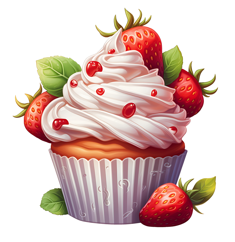 red cupcake with strawberries and cream illustration. isolated object transparent background. png