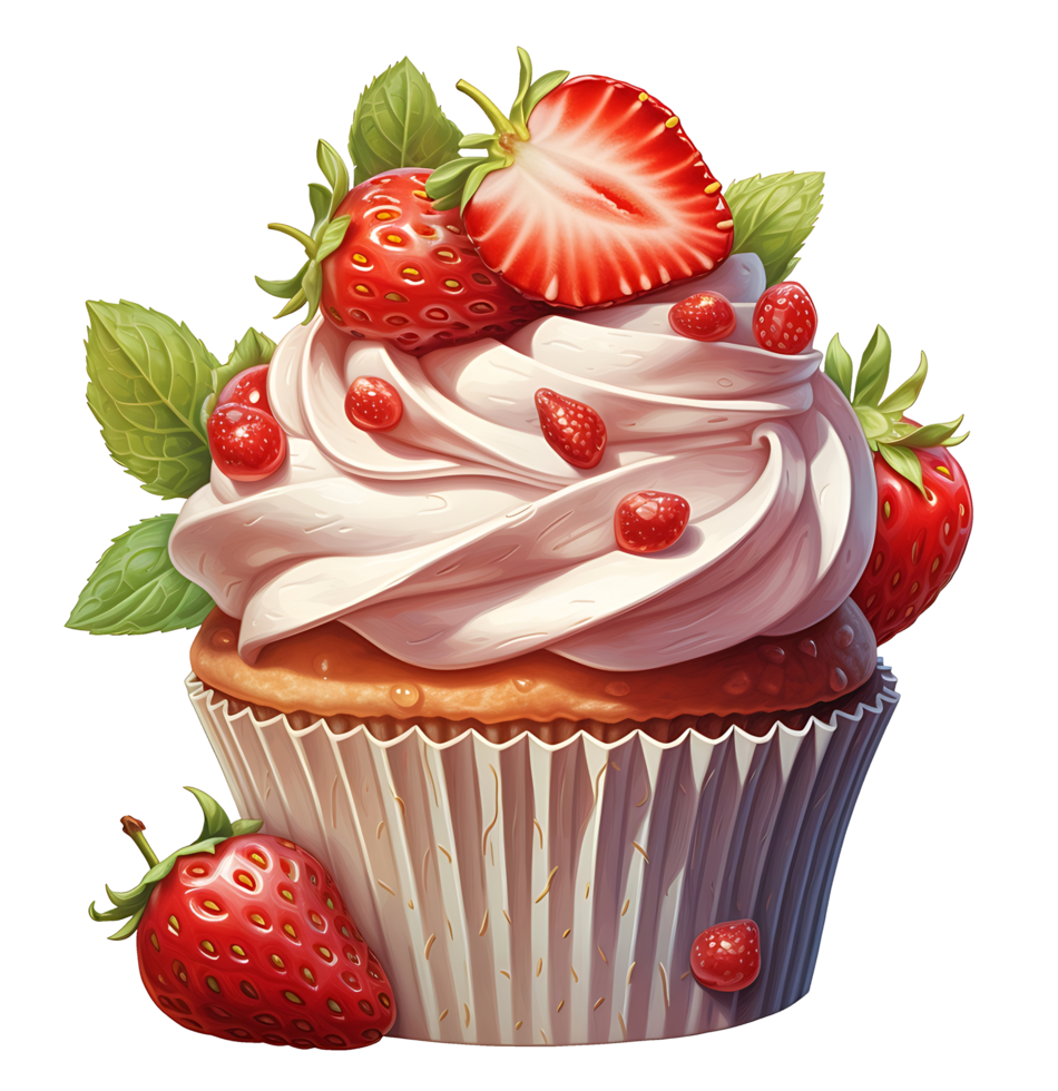 red cupcake with strawberries and cream illustration. isolated object transparent background. AI Generated png