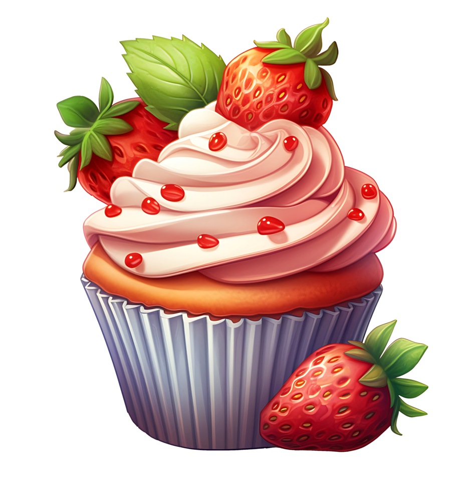 red cupcake with strawberries and cream illustration. isolated object transparent background. png