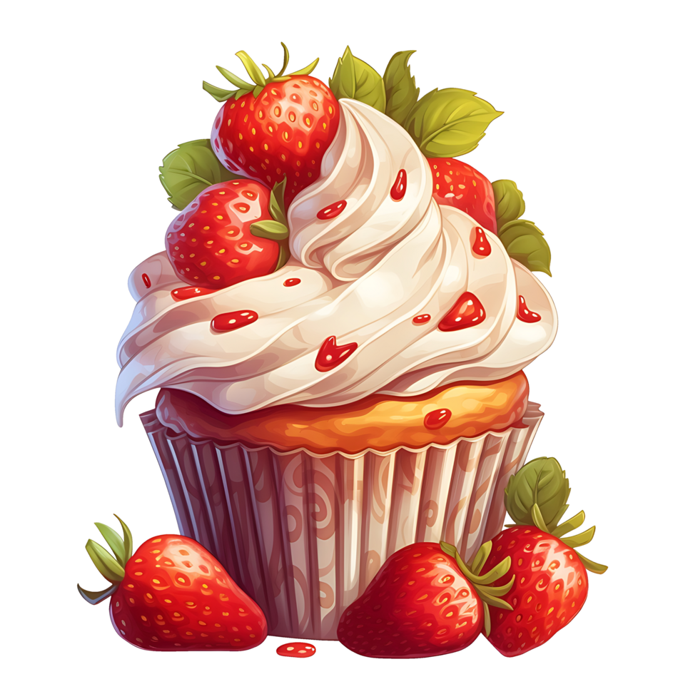 red cupcake with strawberries and cream illustration. isolated object transparent background. png