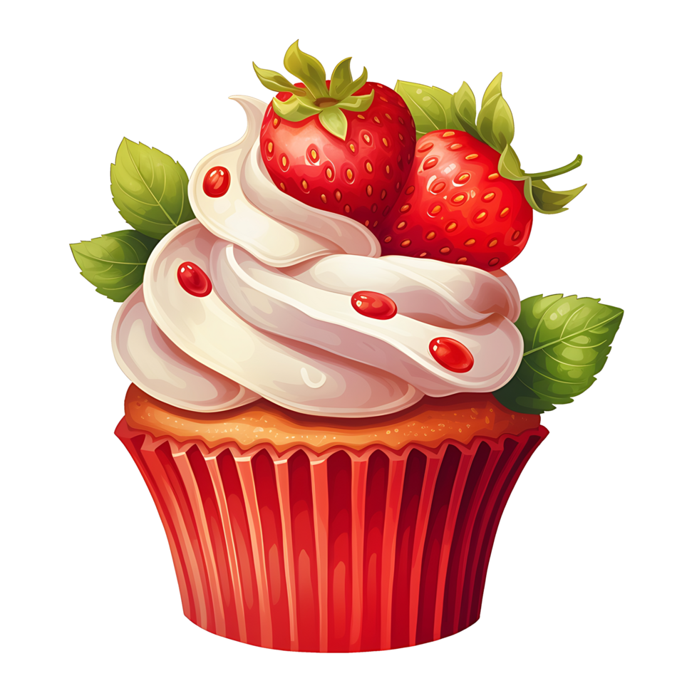 red cupcake with strawberries and cream illustration. isolated object transparent background. png