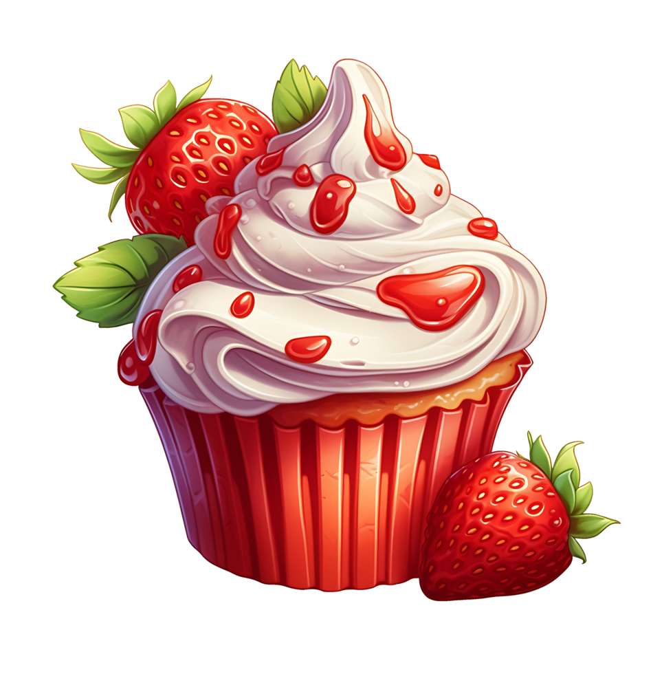 red cupcake with strawberries and cream illustration. isolated object transparent background. png