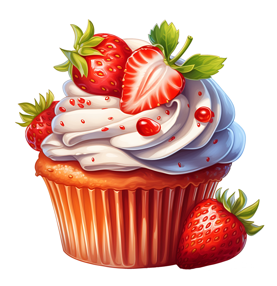 red cupcake with strawberries and cream illustration. isolated object transparent background. AI Generated png