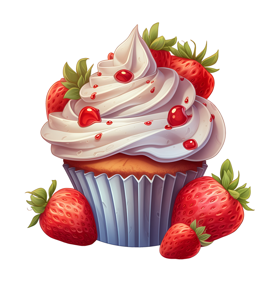 red cupcake with strawberries and cream illustration. isolated object transparent background. png