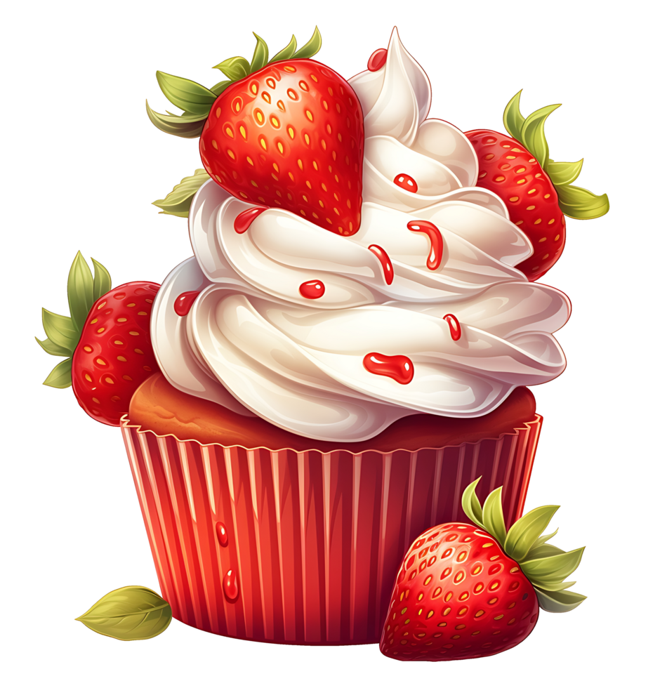 red cupcake with strawberries and cream illustration. isolated object transparent background. png