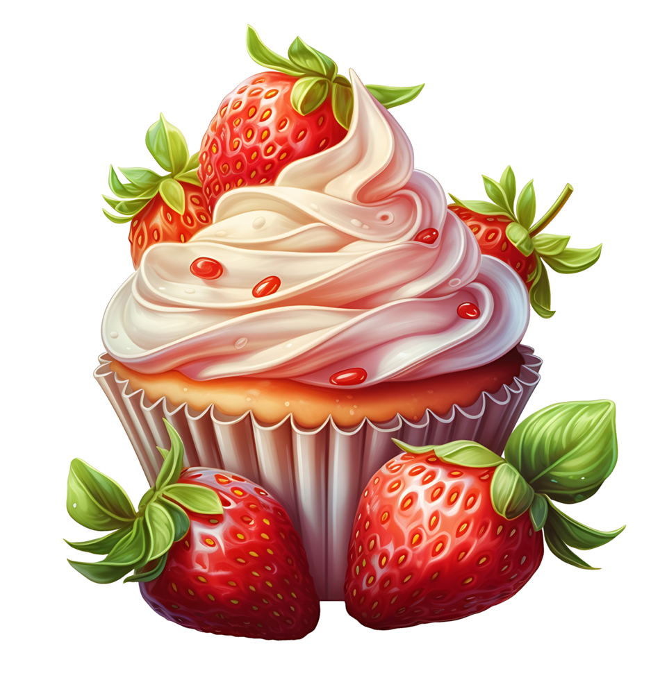 red cupcake with strawberries and cream illustration. isolated object transparent background. png